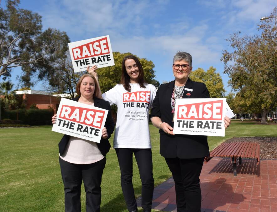 MESSAGE CLEAR: Emily Lightfoot, of East Albury, ACOSS senior adviser Charmaine Crowe and CWA national president Tanya Cameron want to see a $75 a week increase in payments such as Newstart and Youth Allowance.