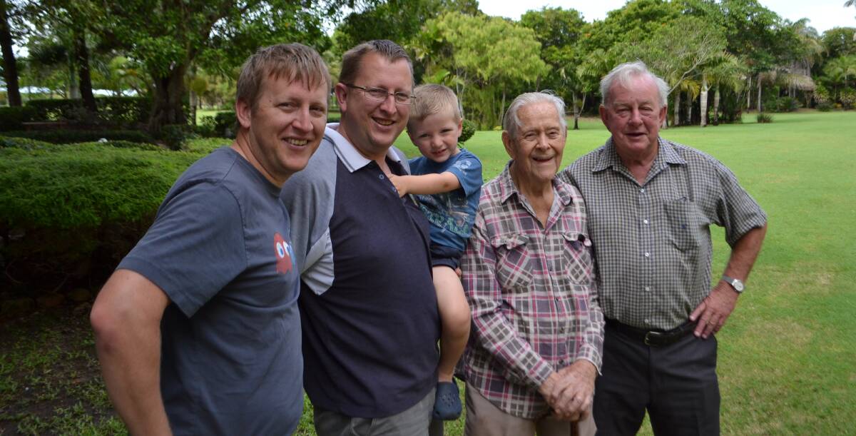 GREAT UNCLE MAX: Max Lovelock (second from right) is pictured with three generations of nephews, Adrian, Charlie, Maxwell and Ian, in Yeppoon in 2014. The youngest has been named after him.