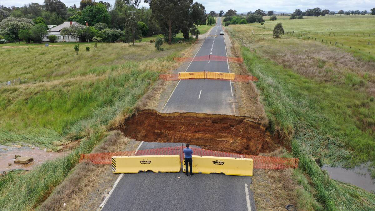Gooramadda Road, near Rutherglen, is closed after a section of the road collapsed. Picture by Mark Jesser