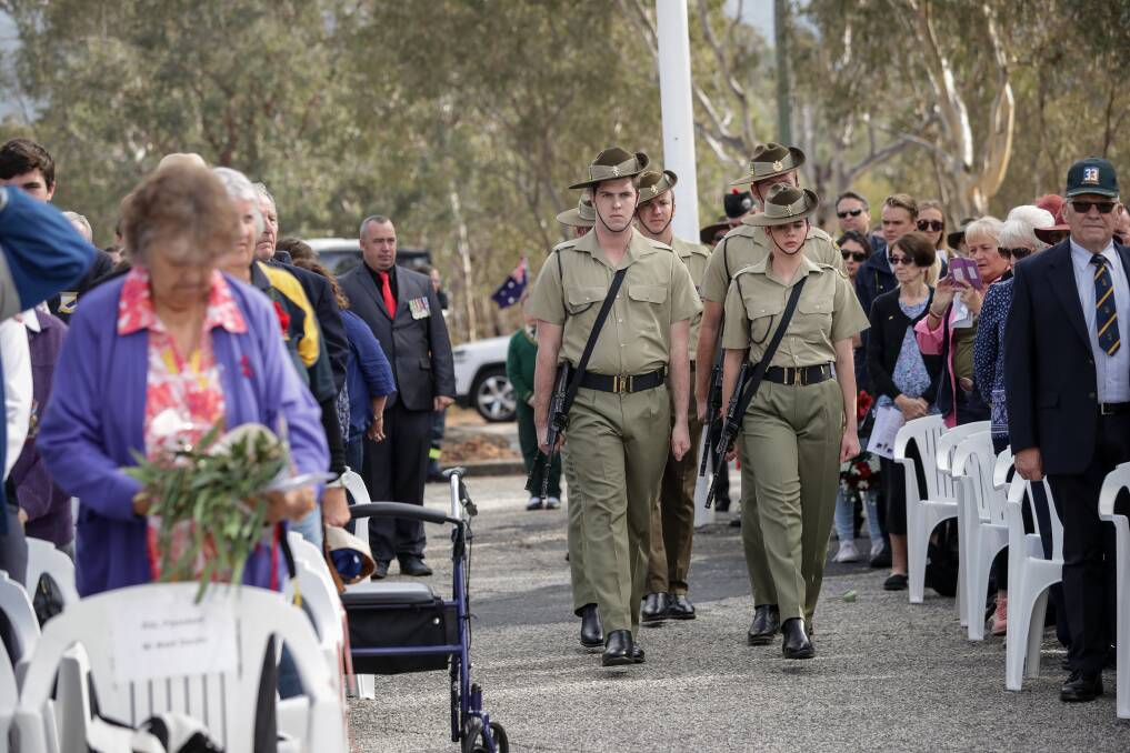 IN STEP: The Army School of Electrical and Mechanical Engineering provided the catafalque parties for the dawn and daytime services at Albury War Memorial. Picture: JAMES WILTSHIRE