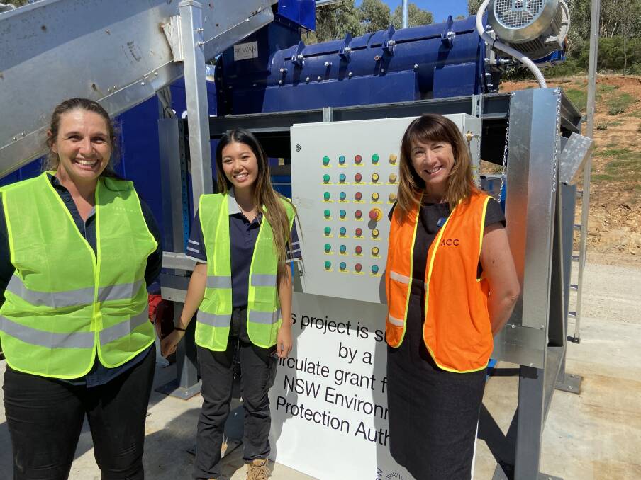 INNOVATION: Goterra founder and chief executive Olympia Yarger, Goterra engineer Liza Chao and Albury mayor Kylie King help unveil the new MIBS system at Albury Waste Management Centre on Friday.