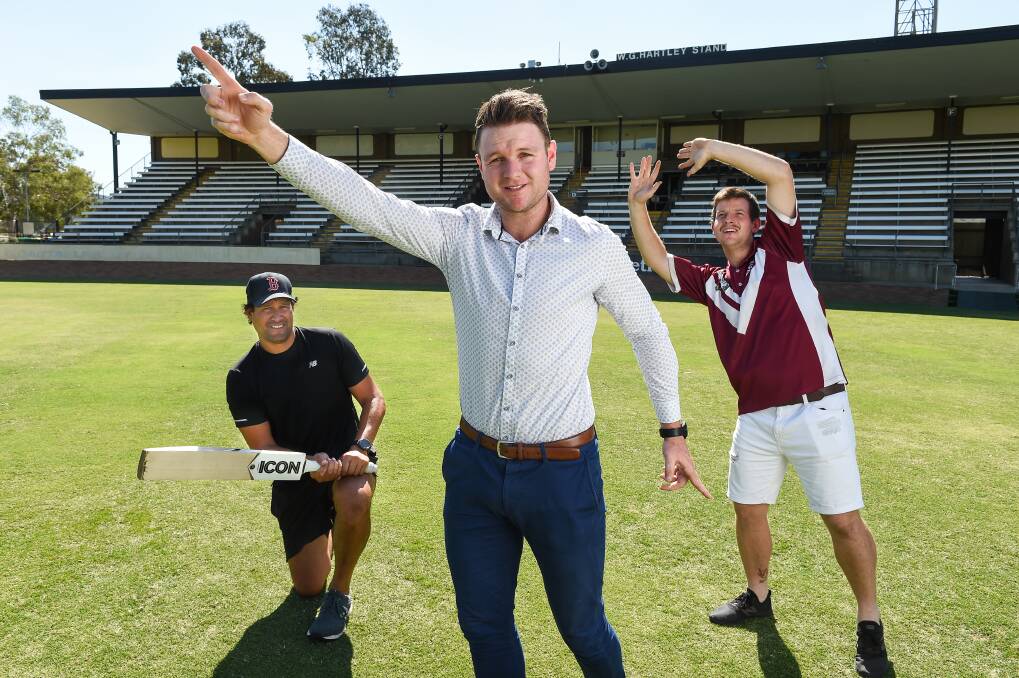 HOW'S THAT: Drew Cameron (middle) will run a NSW vs Victoria cricket fundraiser to fight cancer, with Daryl Tuffey and Jack Craig among the players. Picture: MARK JESSER