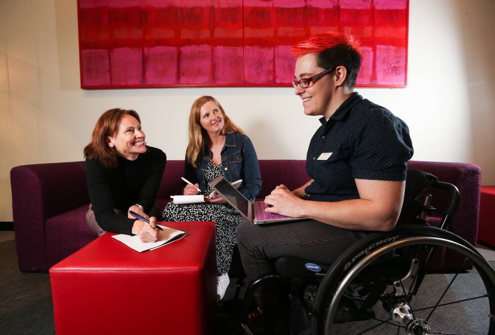 SHARING IDEAS: Write-ability local mentor Thalia Kalkipsakis, program participant Kate Morell, of Wagga, and presenter Jax Jacki Brown talk during the Writers Victoria forum at The Cube Wodonga on Wednesday. Picture: KYLIE ESLER