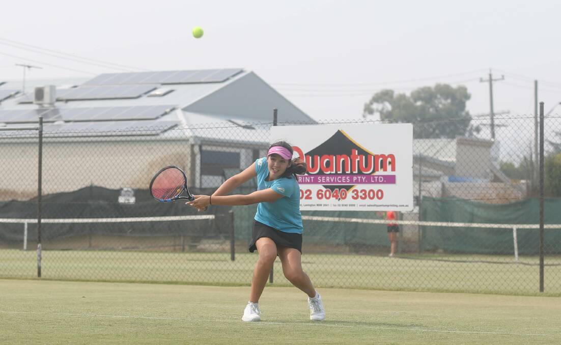 COME OUT SWINGING: Jemma Gossow, 16, of Brisbane, competes in the Margaret Court Cup at Albury grass courts. Picture: TARA TREWHELLA