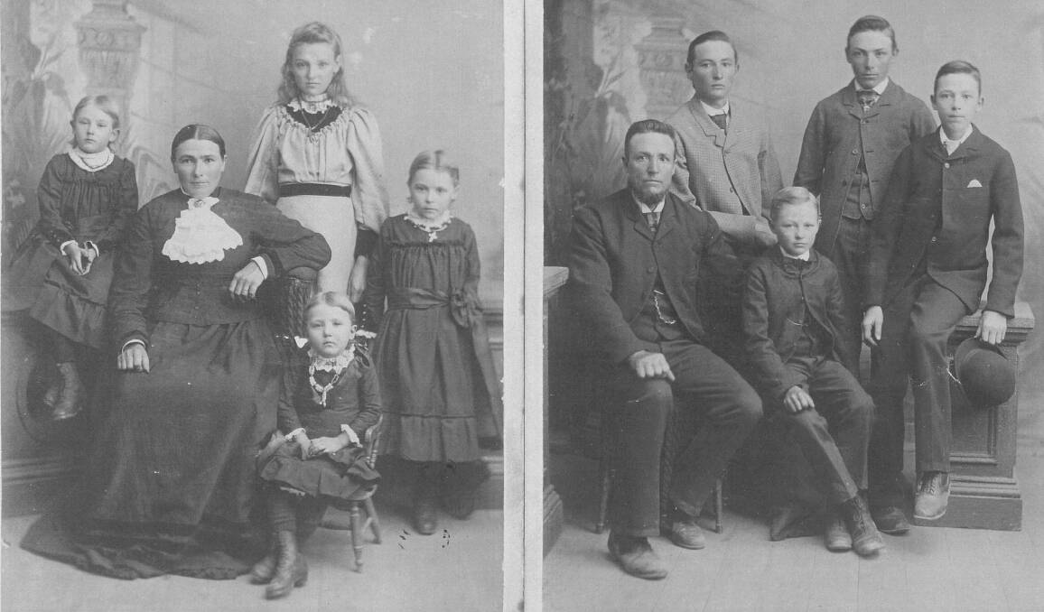 The Trudewind family of Wodonga. The left photo is Florentina (nee Adams) with daughters Mary, Helena, Theresa and Francisca (front, mother of John Drummond). The right photo is Anton with sons William, Anton (front), Henry, John Albert (Herb). Picture supplied