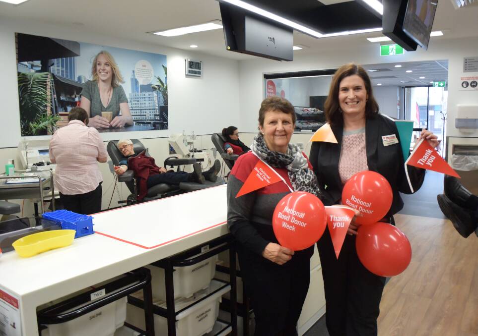Blood and liver transplant recipient Ronwyn Davies, 62, of Wodonga, and community relations officer Cathy Chapman thank all blood donors at Australian Red Cross Blood Service's Albury centre.