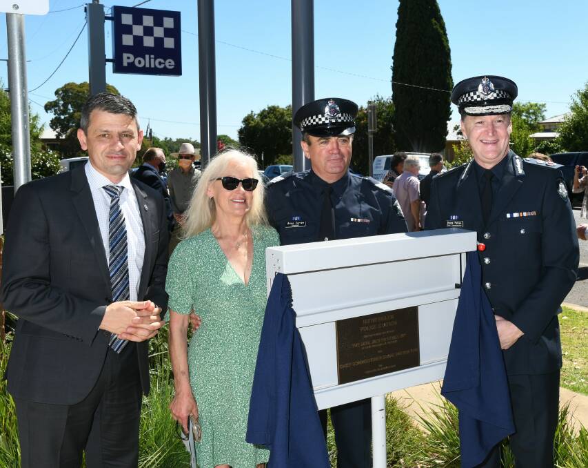 SPECIAL GUESTS: Police Association secretary Wayne Gatt; Cheryle Curran, Rutherglen police station commander Sergeant Brian Curran and Victoria Police Chief Commissioner Shane Patton help open Rutherglen Police Station.