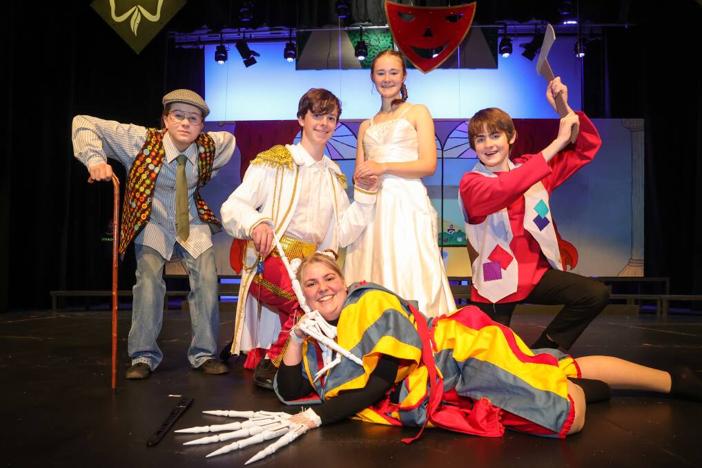 COLOURFUL COSTUMES: Albury Gang Show cast members Cayt Roach (Jester), Alysha Brough (Grandpa), Baxter Ward (Prince Charming), Krista Brandon (Cinderella) and Jimmy Sides (Jack) entertained audiences last week. Picture: JAMES WILTSHIRE