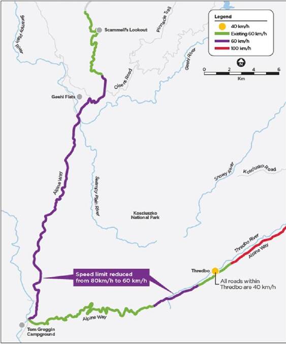 ROAD RULES: A Transport for NSW map of speed zone changes along Alpine Way. The purple lines indicate the newly-introduced 60km/h sections, the green lines were already 60km/h while the pink line denotes 100km/h.