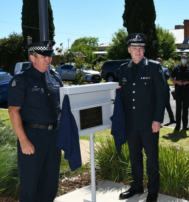 PROUD MOMENT: Rutherglen police station commander Sergeant Brian Curran and Victoria Police Chief Commissioner Shane Patton mark the beginning of a new chapter.