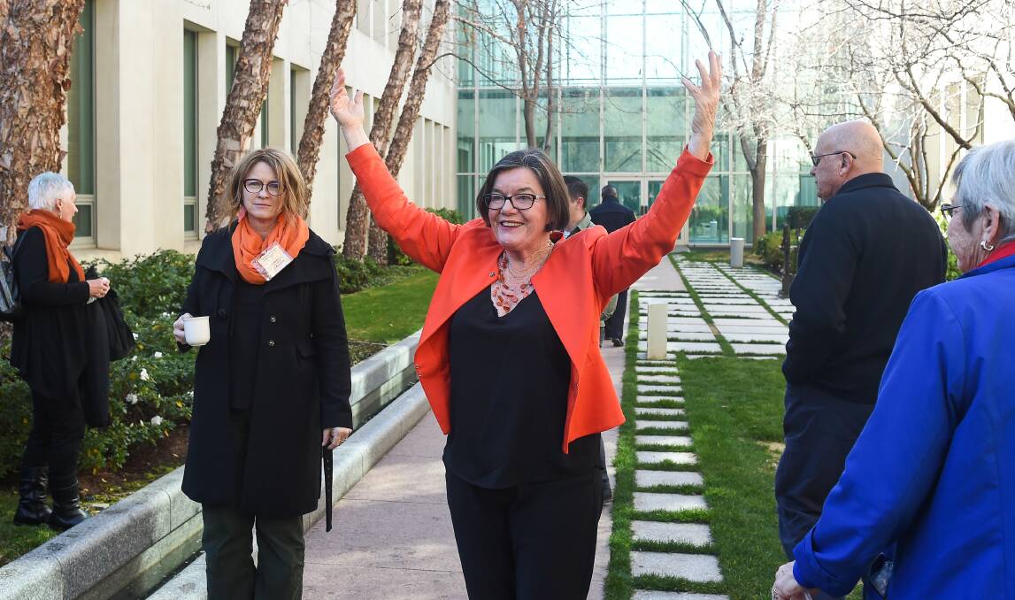 CELEBRATING COMMUNITY: Former Indi MP Cathy McGowan, pictured here in Canberra when her successor Helen Haines gave her maiden speech, is keen to hear about what's important to young people in her home shire of Indigo.