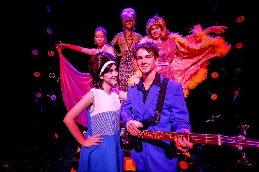 CAN'T STOP THE BEAT: Hairspray cast members (front) Freya Giles, Elliot Murray, (back left) Imogen Hanlon, Charlotte Muskus and Caleb Therkildsen. Picture: JAMES WILTSHIRE