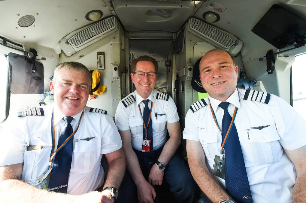 EXPERIENCED TEAM: Regional Express captains Tony Bugden, Barry Anderson and Peter Martin are familiar faces flying out of Albury Airport. Picture: MARK JESSER