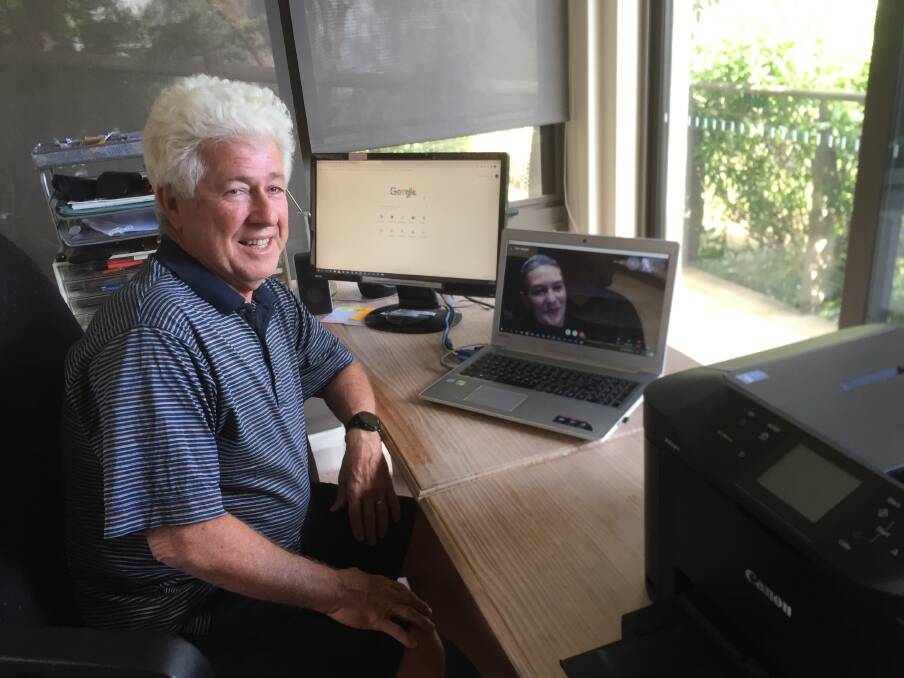 ONLINE RESEARCH: Through regular Skype calls, Ian Thomas, of East Albury, fills in the blanks about rural Australian life for British writer, fellow runner and friend EJ Harper, who listens intently from her home in the south of France.