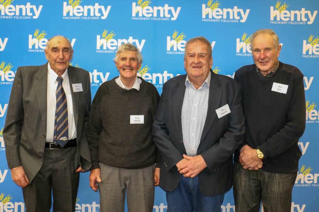 Members of the Henty Machinery Field Days across six decades are Barry Scholz, Henty, Kerry Pietsch, Pleasant Hills, former HMFD chairman Ross Edwards, Yerong Creek, and Neil Bahr, Henty. Picture supplied