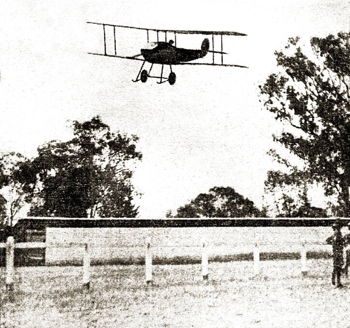 Harry Hawker comes in to land at Albury racecourse on March 7, 1914. The aviator's aerial display attracted thousands of spectators. Picture supplied