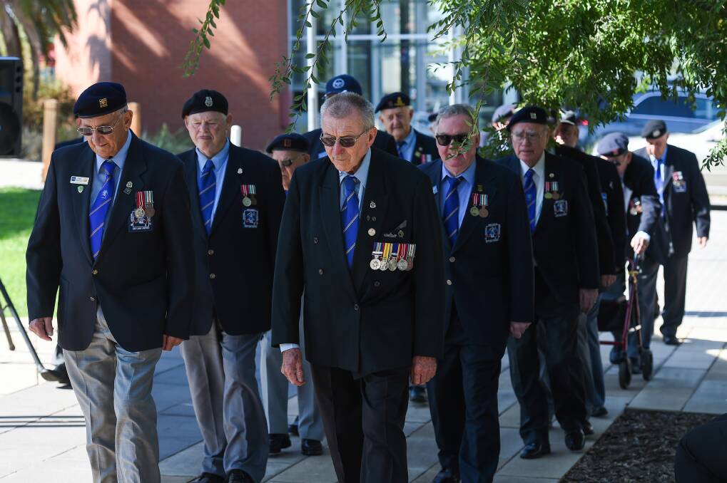 SOLEMN MARCH: Albury-Wodonga Nashos take part in last year's National Servicemen's Day ceremony. This year's event will comply with COVID restrictions. Picture: MARK JESSER