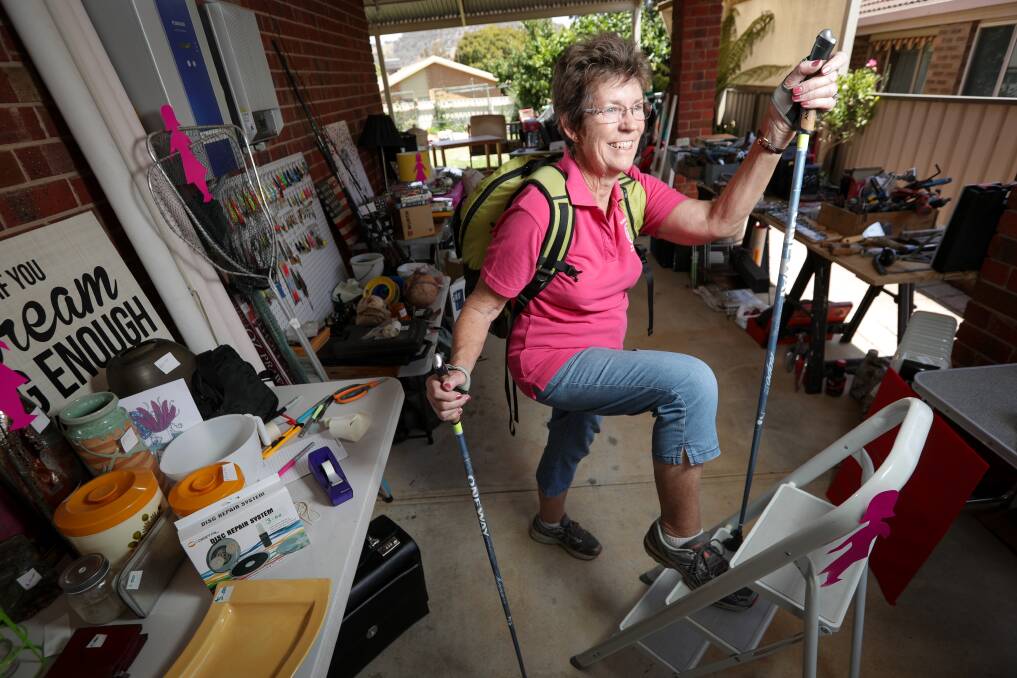 IN TRAINING: Pauline Stanyer, of Wodonga, prepares for a fundraising garage sale on Saturday and a walk in Italy next year. Picture: JAMES WILTSHIRE