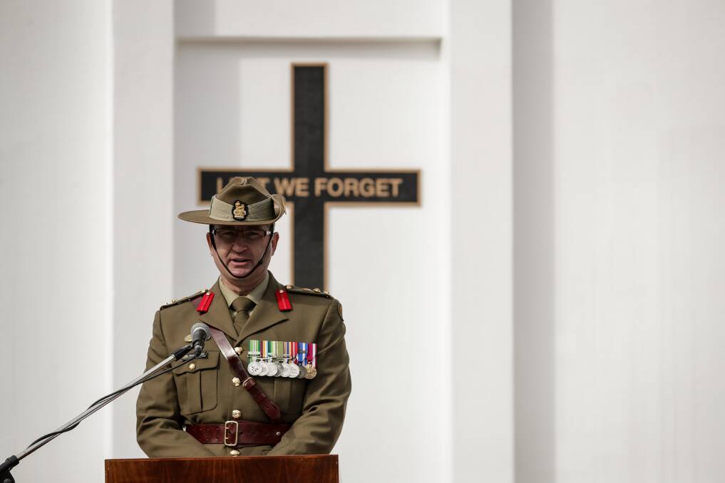 GUEST SPEAKER: Colonel Matt Patching, commandant of Bandiana's Army Logistic Training Centre, talks of the Anzac spirit at Albury War Memorial on Wednesday. Picture: JAMES WILTSHIRE