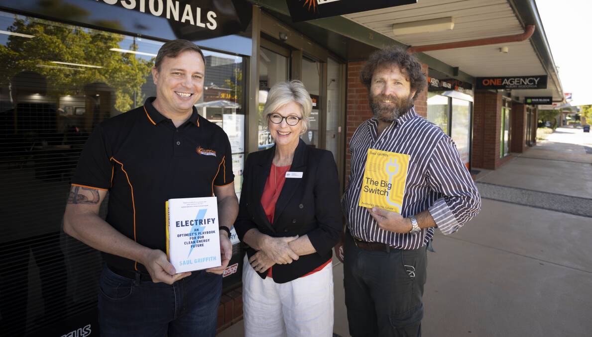 COMMON GOALS: Sunrise Power Solutions director David Turnbull hosts Indi MP Helen Haines and climate advocate and author Saul Griffith at his Wodonga business as Dr Haines launches her batteries policy. Picture: ASH SMITH
