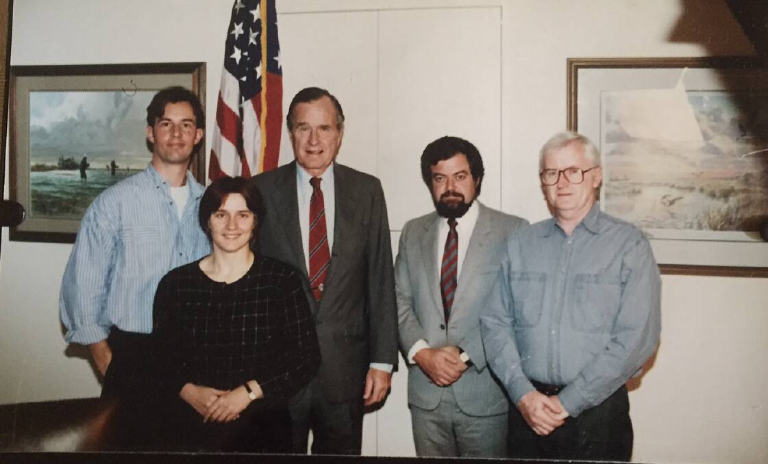 FLASHBACK: Sue Spencer and the Labor in Power team - camera operator Tim Bates, reporter Philip Chubb and sound technician David Hosking - meet with former US president George Bush Snr in Houston in 1993. The Walkley Foundation says Spencer "pioneered a new form of political journalism" with this project.