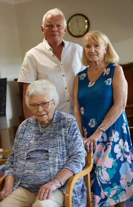 FAMILY CELEBRATION: Centenarian Julia Scott, who lives in Yackandandah's Yamaroo Hostel, with her nephew John Scott and his wife Robyne. 