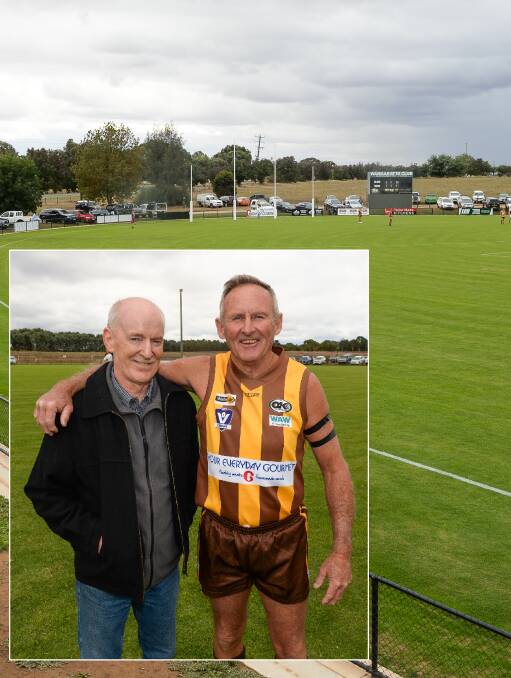 BACK TO BUSINESS: North Wangaratta Football Netball Club stalwarts Kevin Hogan and Gary O'Keefe, now a 600 gamer, celebrate the oval reopening. Picture: MARK JESSER.