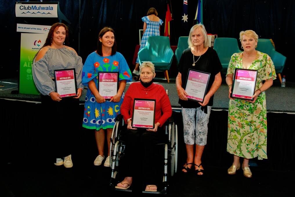 The Federation Council awards winners included Young Citizen of the Year Chantelle Gorman (Savernake), Bethany Robinson (Mulwala), Julie Bartlett (Balldale), Janeen (Jan) McKenna (Corowa) and Citizen of the Year Leeanne Dalitz (Oaklands), Picture by Waratah Images