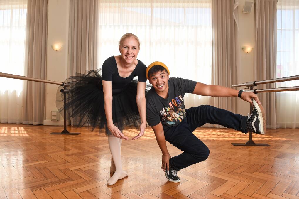 CONTRASTING STYLES: Ballet and hip hop combined for journalist Jodie Bruton and dance teacher Kim Blanza at a Barre Night for Stars of the Border Dance for Cancer, which has postponed its gala night. Picture: MARK JESSER