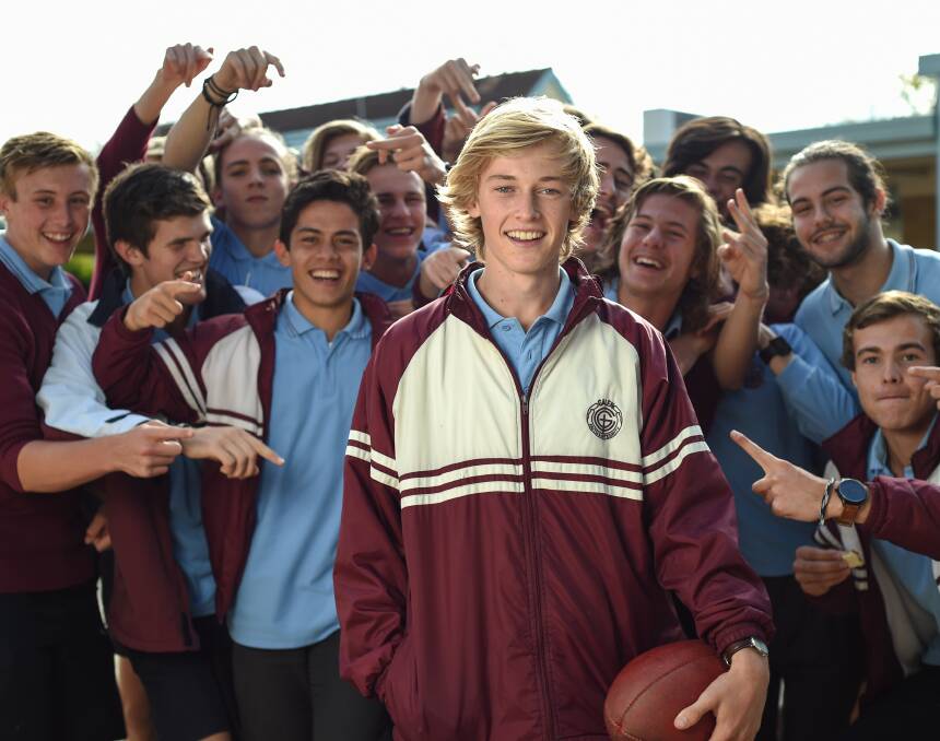 STRAIGHT SHOOTER: Wangaratta footballer Joe Richards, 16, with his mates at school after the teenager's big goal haul. Picture: MARK JESSER