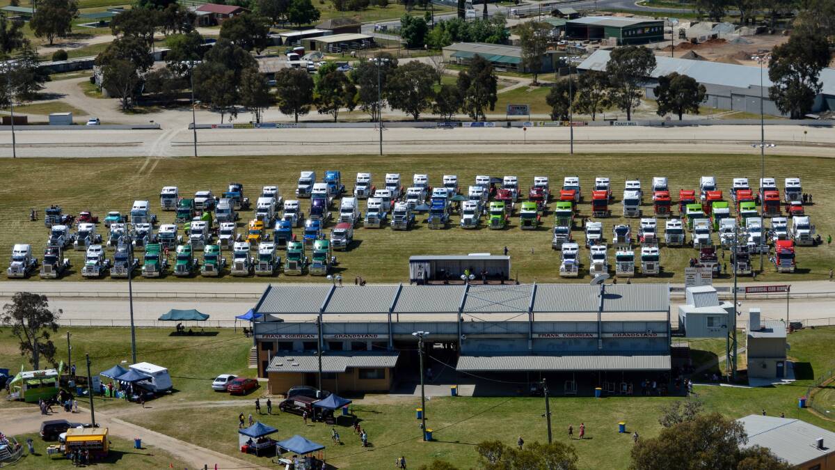 CONVOY COMPLETE: An aerial view of the trucks at Albury Showgrounds during Sunday's Convoy for Kids. Picture: TAYLAH RICHARDSON