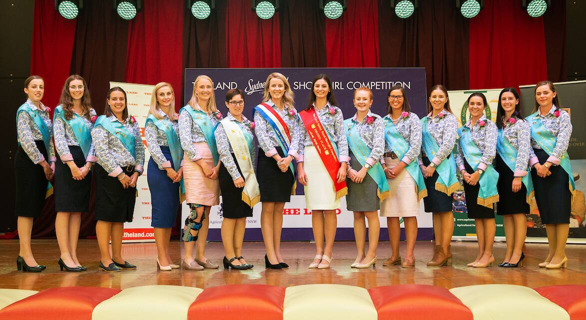 FINALISTS AND FRIENDS: The 14 Showgirl contestants line up in Sydney, with Walbundrie Show's Steph Clancy wearing the striped winner's sash. "It's really great knowing someone from all different parts of the state," she says.