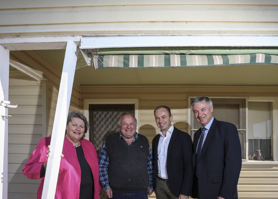 TEAM WORK: Greater Hume mayor Heather Wilton, Holbrook home owner Archie Quinnell, Minister Matt Kean and Member for Albury Greg Aplin in May last year when the funding package was announced.