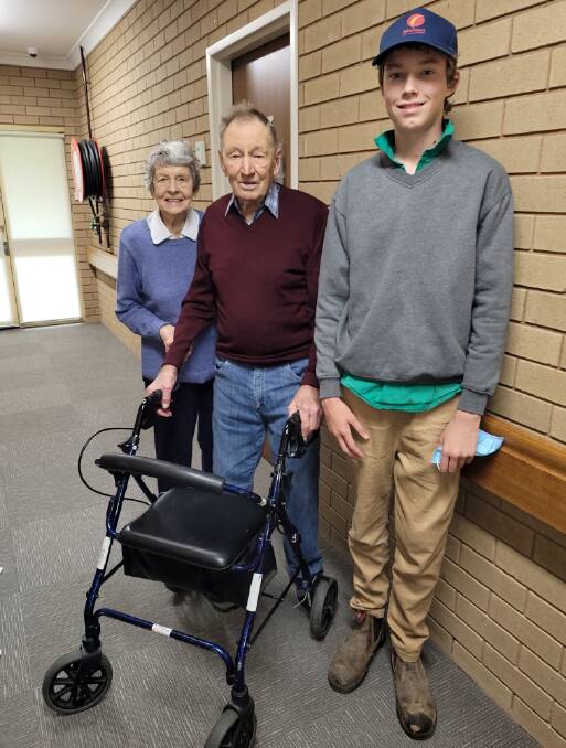 CELEBRATION: Clarice and Harold Janetzki, with their grandson Tom, head to Henty Men's Shed on Friday for Mr Janetzki's 100th birthday morning tea.