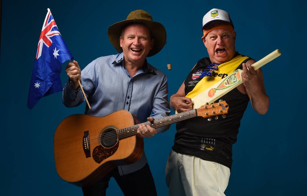 ALL THINGS AUSSIE: Rodney Vincent and John Walker ham it up in the Border Mail studio ahead of their Australia Day gig. Picture: MARK JESSER