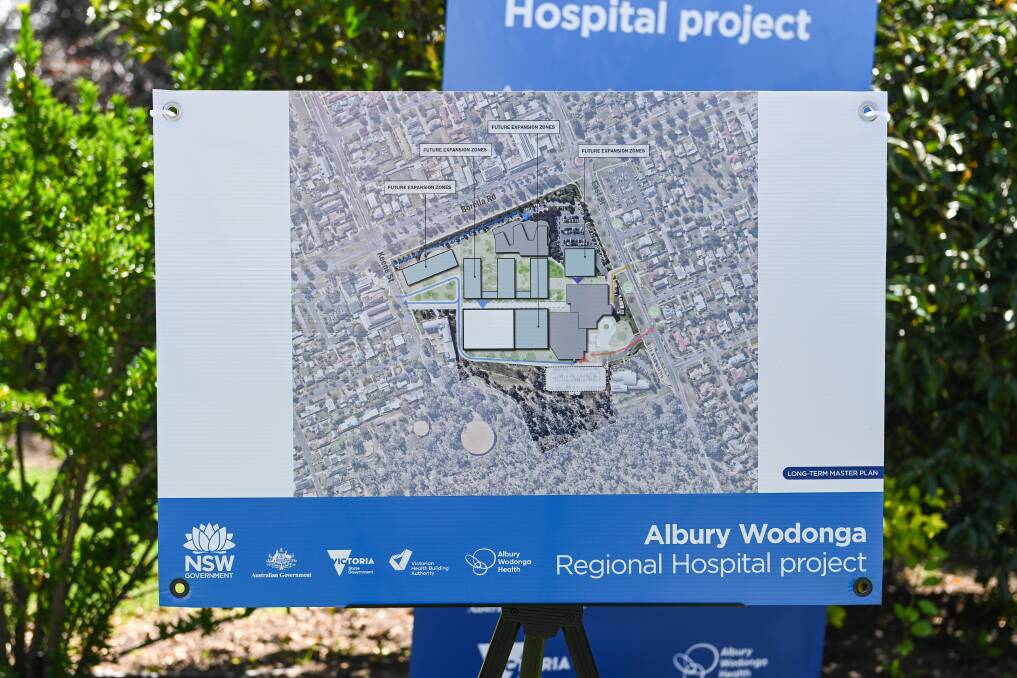A sign in October 2023 outlines information about the Albury Wodonga Regional Hospital project, which is still raising questions and concerns in the community. Picture by Mark Jesser