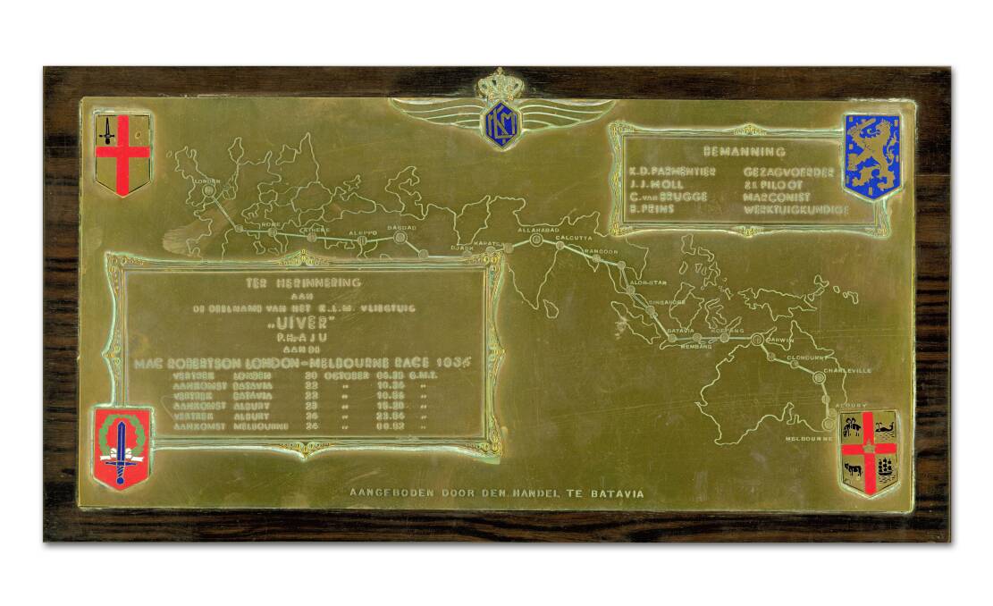 BRASS PLATE: The Uiver Batavia plaquette includes engraved information about the aircraft's flight and crew.