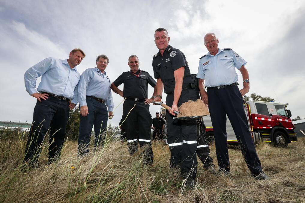 FLASHBACK: Wodonga station officer in charge Ashley Mills turns the first sod in December before builders Brian Sawyer and John Tyrrell and CFA operations manager Paul King and Wodonga brigade chairman Des Milbourne.