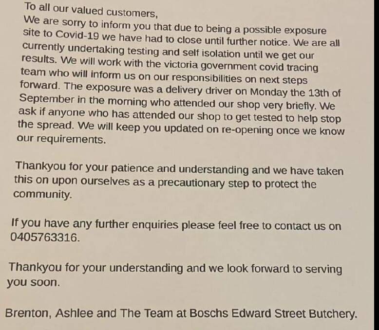 INFORMATION: Boschs Edward Street Butchers' letter to customers.