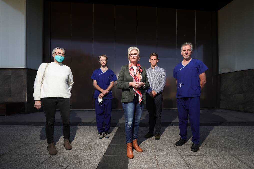 COMMON CAUSE: Indi MP Helen Haines (centre) joins Border doctors Barbara Robertson, Daniel Chubb, Lachlan McKeeman and Glenn Singleman in calling for a new Border hospital Picture: JAMES WILTSHIRE