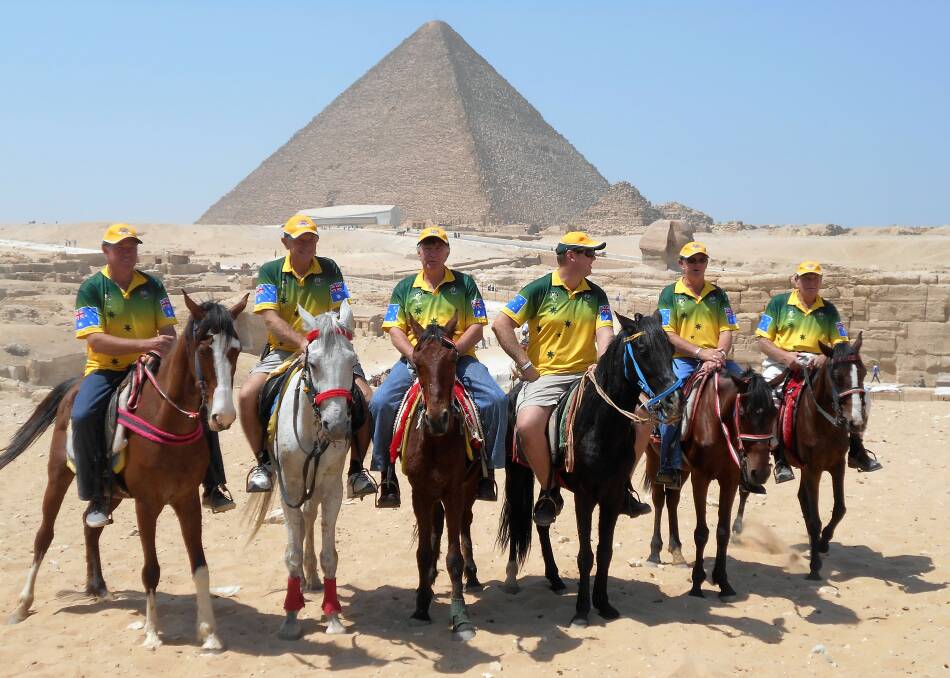 ANCIENT SETTING: Australia's tent pegging team, including Jindera pair Terry Phillips and Jake VanDorssen, competes at the World Cup in Egypt.