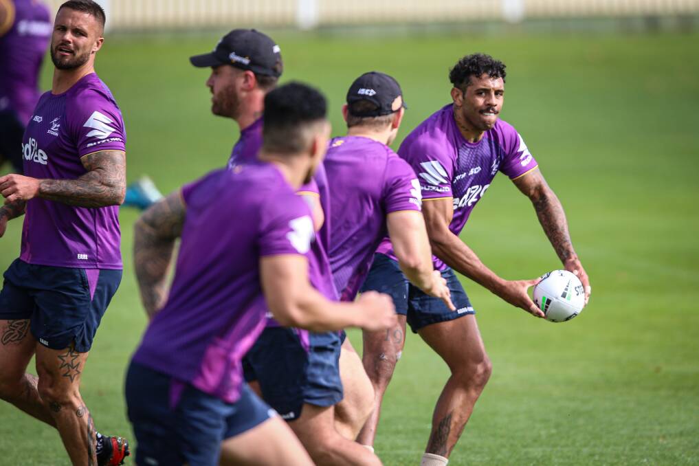 BORDER TRAINING: Melbourne Storm's Josh Addo-Carr trains with teammates at Albury Sportsground earlier this month. Picture: JAMES WILTSHIRE