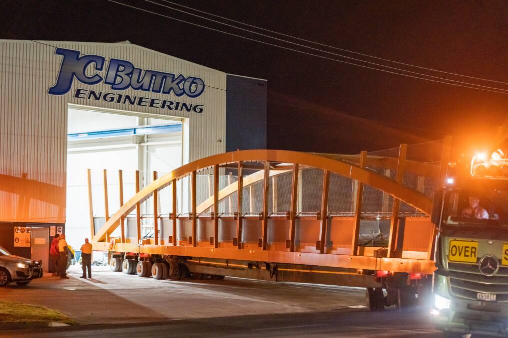 ON ITS WAY: The 34-metre bridge leaves JC Butko Engineering's Wodonga site early Wednesday morning, bound for Newcastle. Picture: SIMON DALLINGER