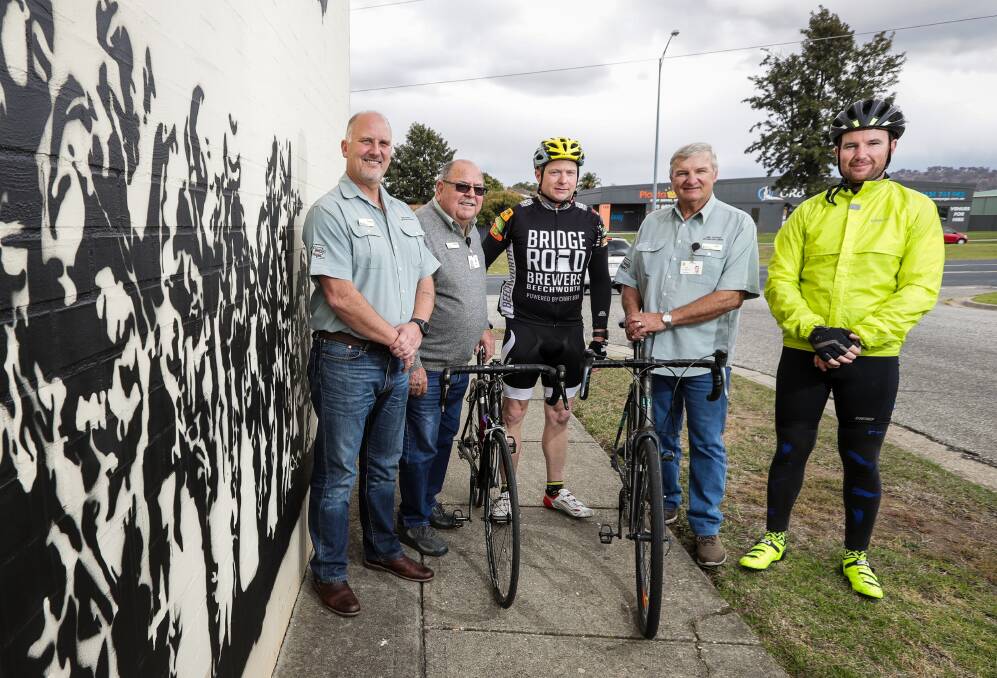 SHARED GOALS: The Coo-Wee riders Major Damien Batty and Matt Aldridge meet the Hume centre's Wayne Taylor, Brian Baker and Alex Wolf. Picture: JAMES WILTSHIRE