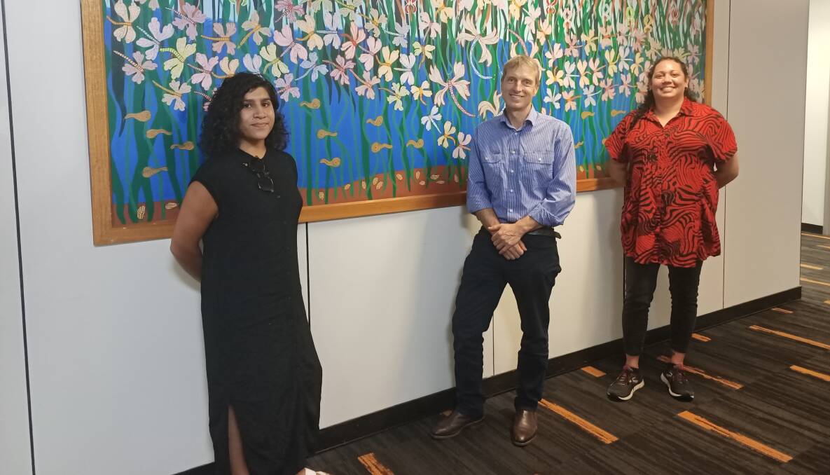 A BETTER WAY FORWARD: Wodonga TAFE student Rose Kirby, chief executive Phil Paterson and Koorie liaison officer Katrice May stand in front of Eddie 'Kookaburra' Kneebone's 'Wodonga' Dreaming Dragonfly artwork.