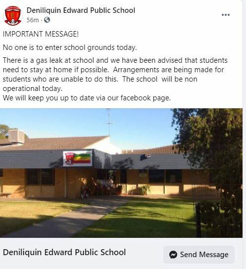 SUDDEN CHANGE: Edward Public School, Deniliquin, posts on its Facebook page about Wednesday's gas leak, telling students not to enter the school grounds.