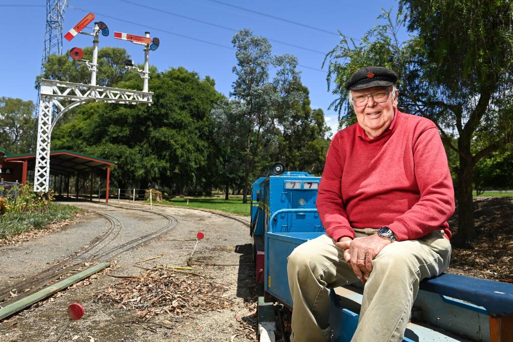 The Wodonga Creek Miniature Railway at Diamond Park on the Lincoln Causeway holds monthly running days. Pictured is John Hengstmengel as Lake Hume Model Engineers cleaned up after flooding in late 2022. Picture by Mark Jesser