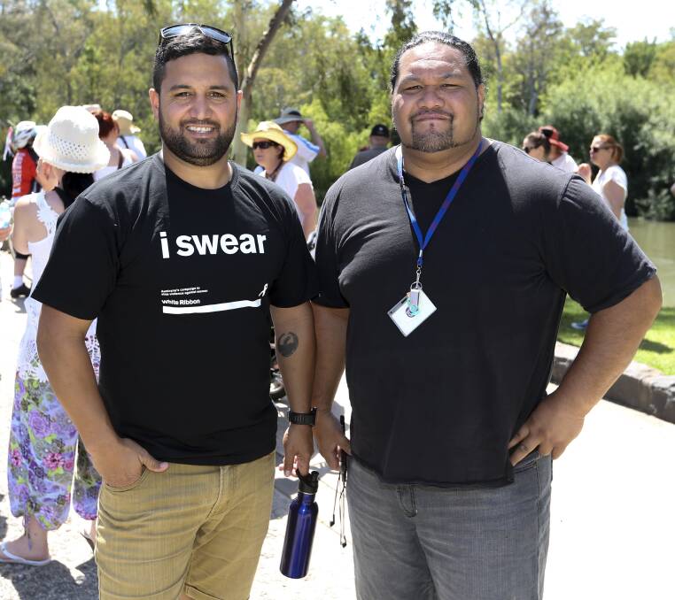 STANDING UP: John Murray and Tino Tuau say no to violence against women and children. Picture: ELENOR TEDENBORG
