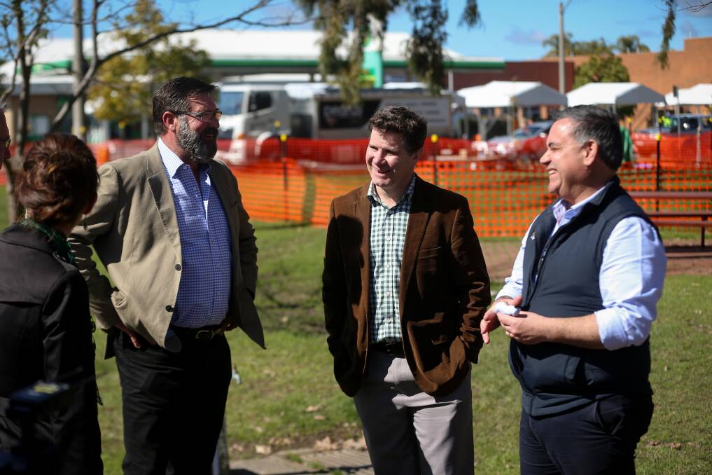 ALL SMILES: Member for Benambra Bill Tilley and member for Albury Justin Clancy chat with NSW Deputy Premier John Barilaro during the latter's Border visit on Tuesday. Picture: JAMES WILTSHIRE