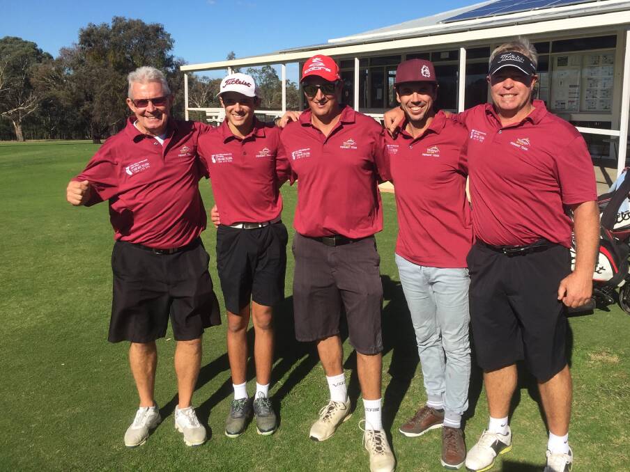 GRINNING WINNERS: Wodonga Golf Club's Bob Toal, Daniel Gill, Peter Miller, Ben Hollands and Ross Hillary celebrate their pennant victory.